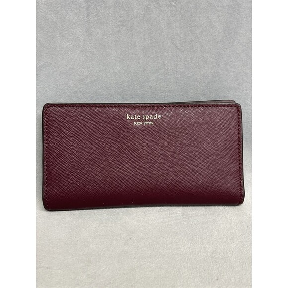 Kate Spade Wallet Maroon Berry Bi Fold Slim Pebbled Leather Zip Pocket Purple 7" - Picture 1 of 16